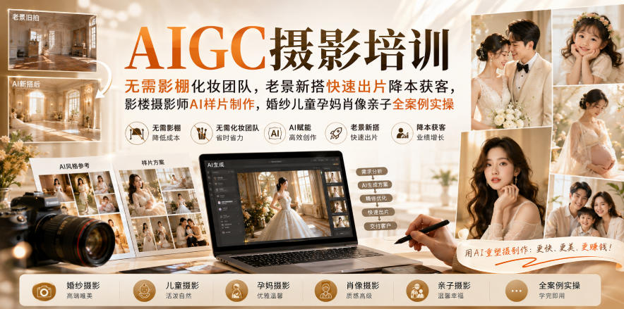 AIGC摄影培训|无需影棚化妆团队,老景新搭快速出片降本获客,影楼摄影师AI样片制作,婚纱儿童孕妈肖像亲子全案例实操-御文网