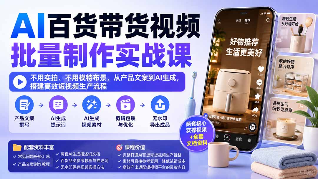 AI百货带货视频批量制作实战课：不用实拍、不用模特布景，从产品文案到AI生成，搭建高效短视频生产流程-御文网