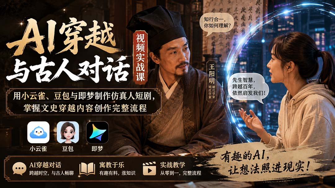 AI穿越与古人对话视频实战课：用小云雀、豆包与即梦制作仿真人短剧，掌握文史穿越内容创作完整流程-御文网