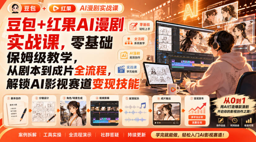 豆包+红果AI漫剧实战课,零基础保姆级教学,从剧本到成片全流程,解锁AI影视赛道变现技能-御文网