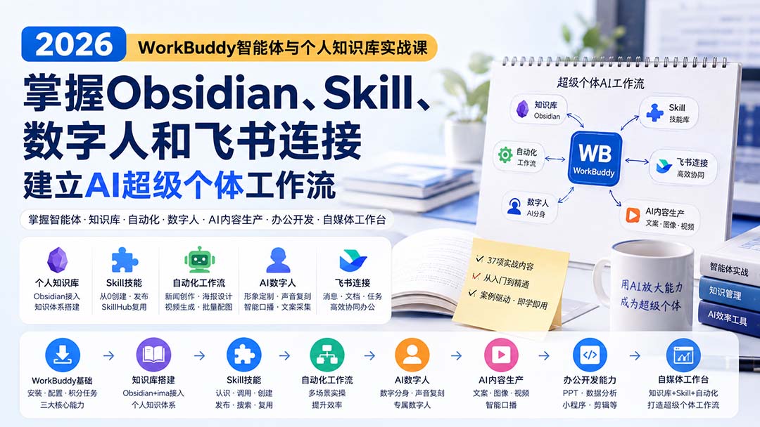 2026 WorkBuddy智能体与个人知识库实战课：掌握Obsidian、Skill、数字人和飞书连接，建立AI超级个体工作流-御文网