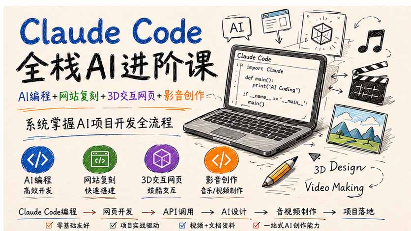 Claude Code全栈AI进阶课-更新；AI编程+网站复刻+3D交互网页+影音创作，系统掌握AI项目开发全流程-御文网