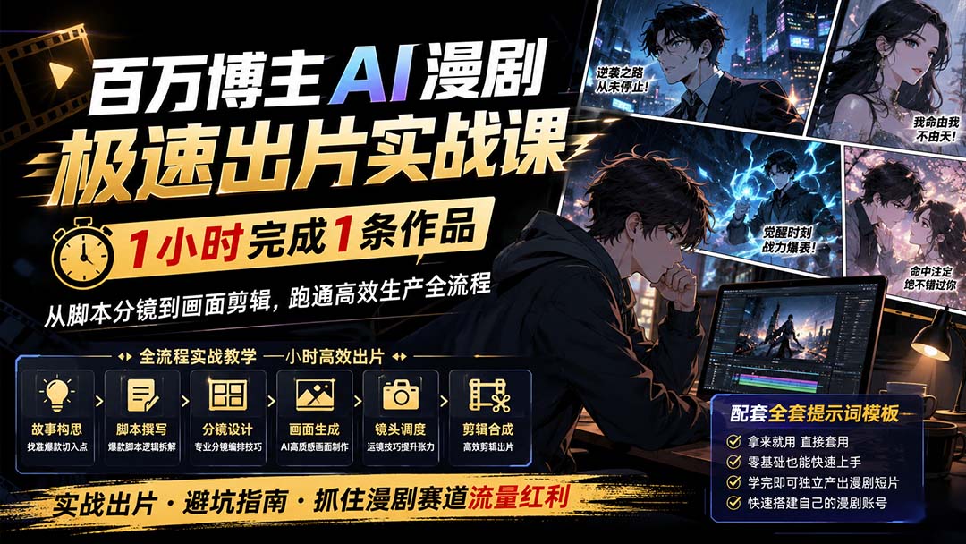 百万博主AI漫剧极速出片实战课：1小时产出条作品，从脚本分镜到画面剪辑，跑通高效生产全流程-御文网