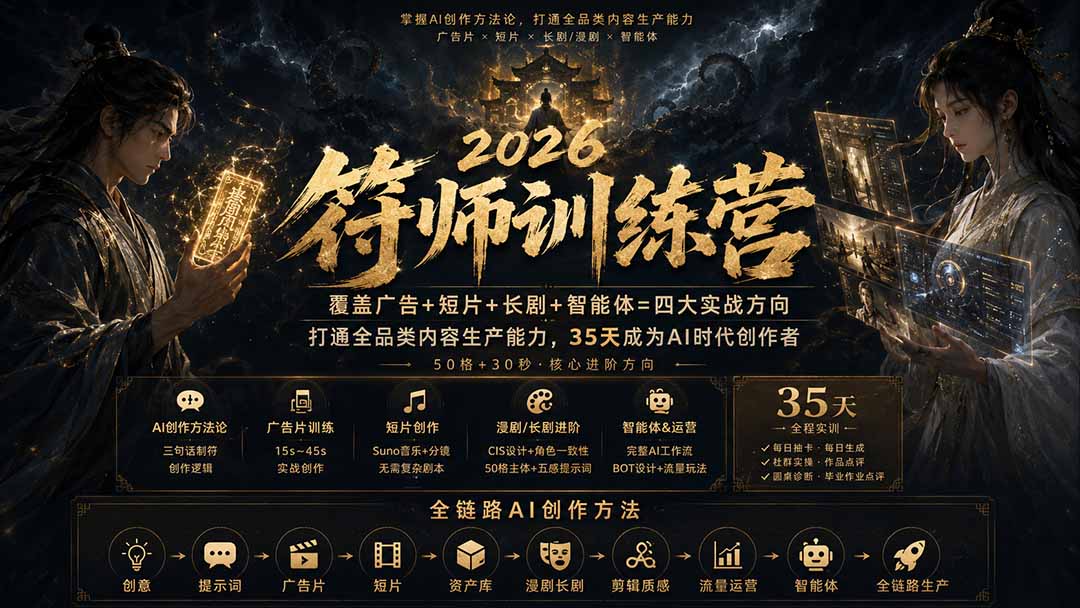 符师训练营-35天成为AI时代创作者，广告+短片+漫剧+智能体四大实战方向，掌握从创意到上线的完整工作流-御文网