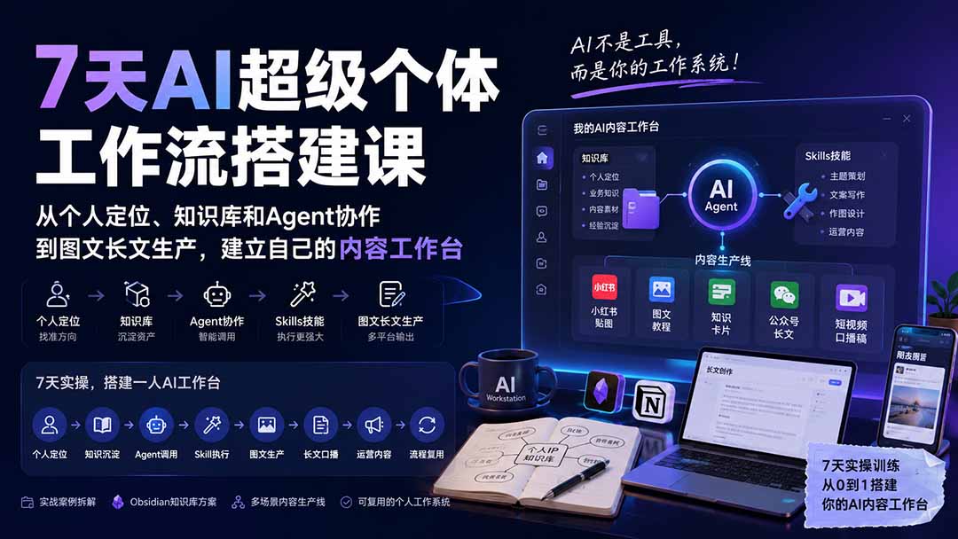 7天AI超级个体工作流搭建课：从个人定位、知识库和Agent协作到图文长文生产，建立自己的内容工作台-御文网