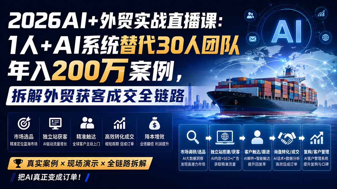 2026AI+外贸实战直播课：1人+AI系统替代30人团队年入200万案例，拆解外贸获客成交全链路-御文网