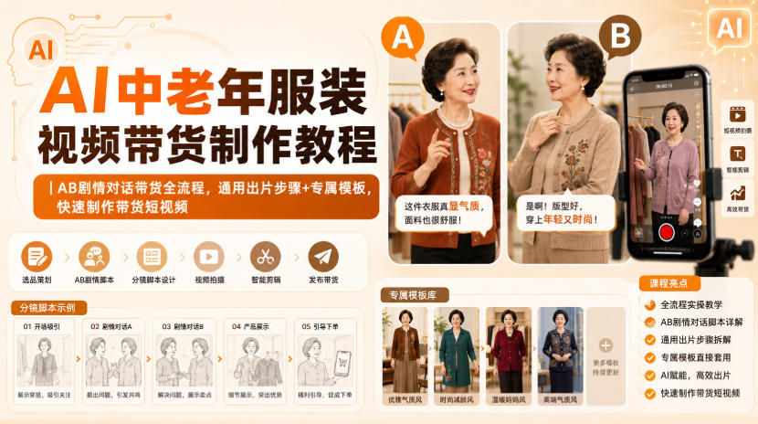 AI中老年服装视频带货制作教程|AB剧情对话带货全流程,通用出片步骤+专属模板,快速制作带货短视频-御文网