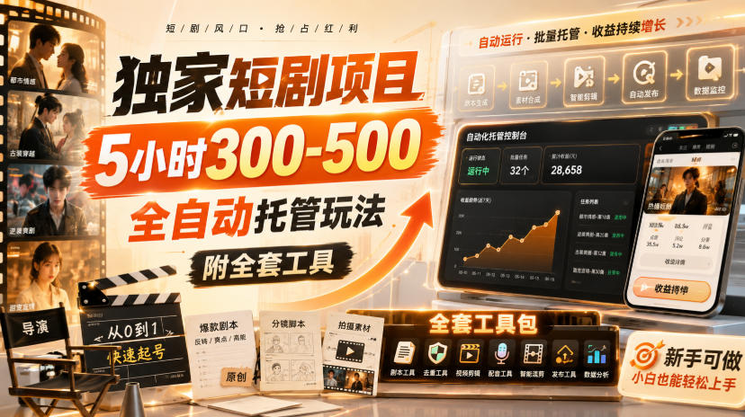 独家短剧项目,5小时300-500,全自动托管玩法,附全套工具【揭秘】-御文网