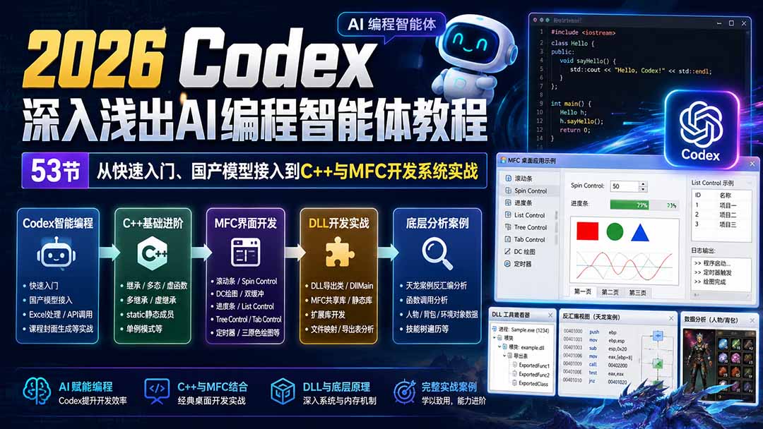 2026 Codex深入浅出AI编程智能体教程：53节从快速入门、国产模型接入到C++与MFC开发系统实战-御文网