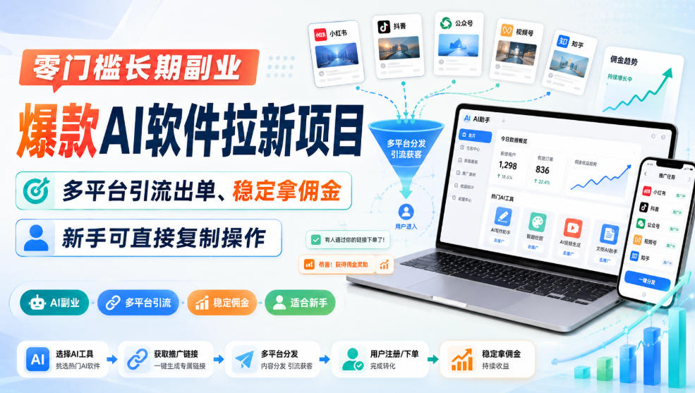 零门槛长期副业，爆款AI软件拉新项目，多平台引流出单、稳定拿佣金，新手可直接复制操作-御文网