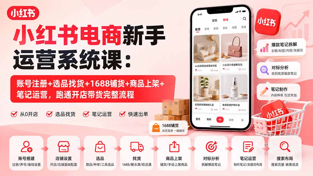 小红书电商新手运营系统课：账号注册+选品找货+1688铺货+商品上架+笔记运营，跑通开店带货完整流程-御文网