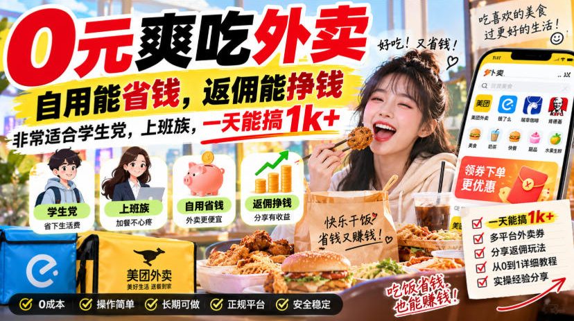 0元爽吃外卖，自用能省钱，返佣能挣钱，非常适合学生党，上班族，一天能搞1k+-御文网
