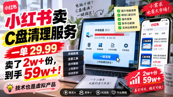 小红书卖C盘清理服务，一单29.99，卖了2w+份，技术也是虚拟产品-御文网
