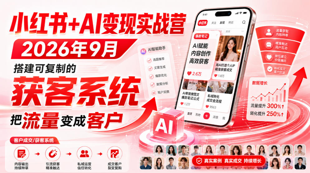 小红书+AI变现实战营2026年9月，搭建可复制的获客系统，把流量变成客户！-御文网