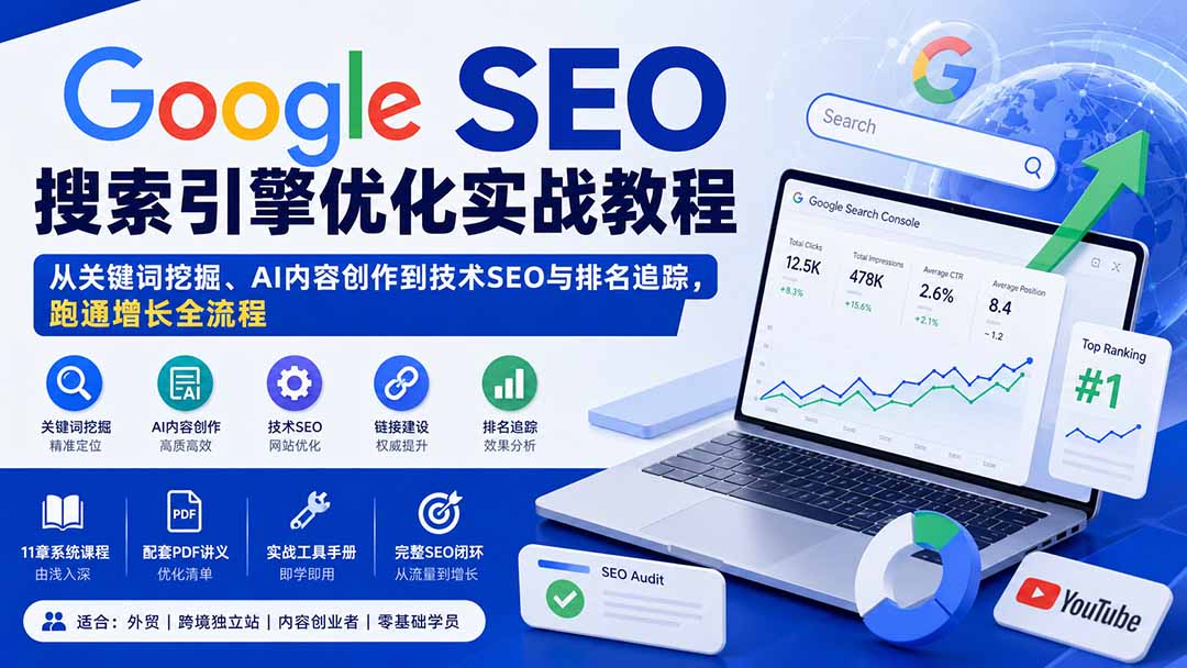Google SEO搜索引擎优化实战教程：从关键词挖掘、AI内容创作到技术SEO与排名追踪，跑通增长全流程-御文网