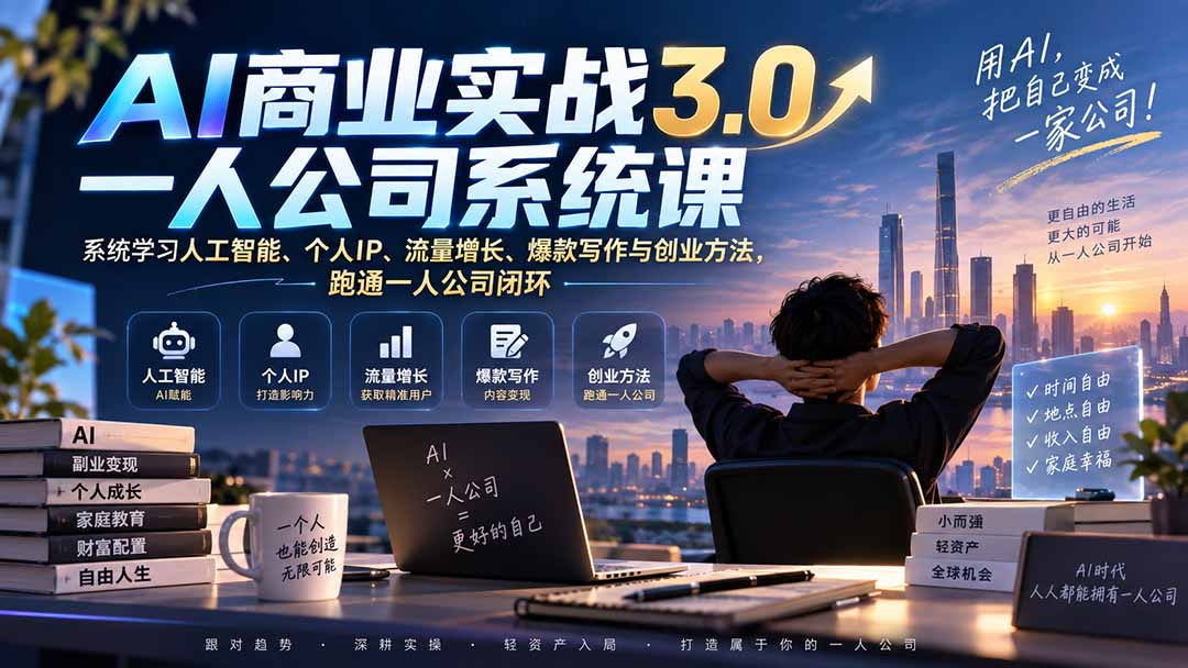 AI商业实战3.0一人公司系统课：系统学习人工智能、个人IP、流量增长、爆款写作与创业方法，跑通一人公司闭环-御文网