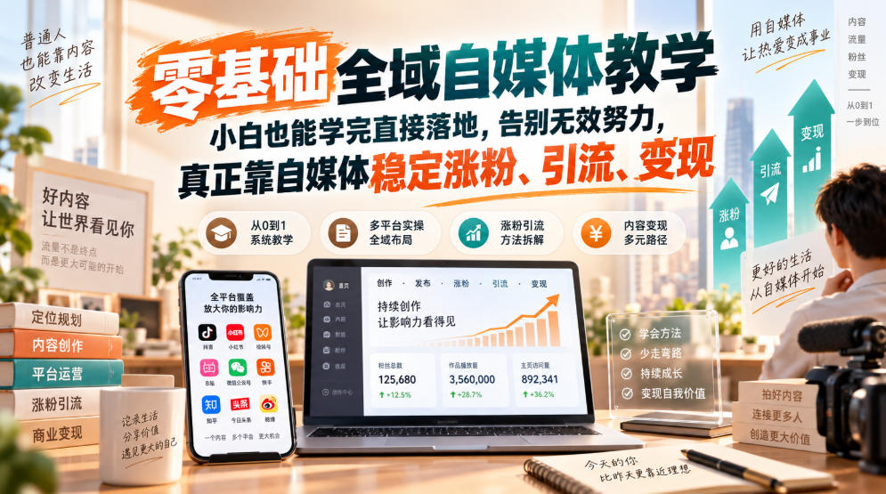 零基础全域自媒体教学，小白也能学完直接落地，告别无效努力，真正靠自媒体稳定涨粉、引流、变现-御文网