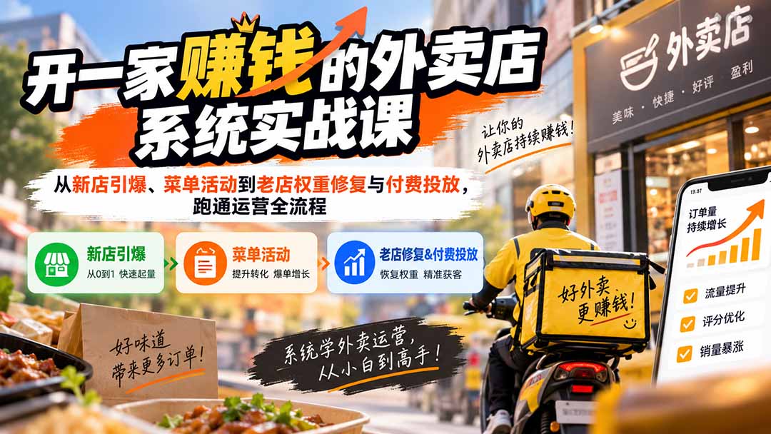 开一家赚钱的外卖店系统实战课：从新店引爆、菜单活动到老店权重修复与付费投放，跑通运营全流程-御文网