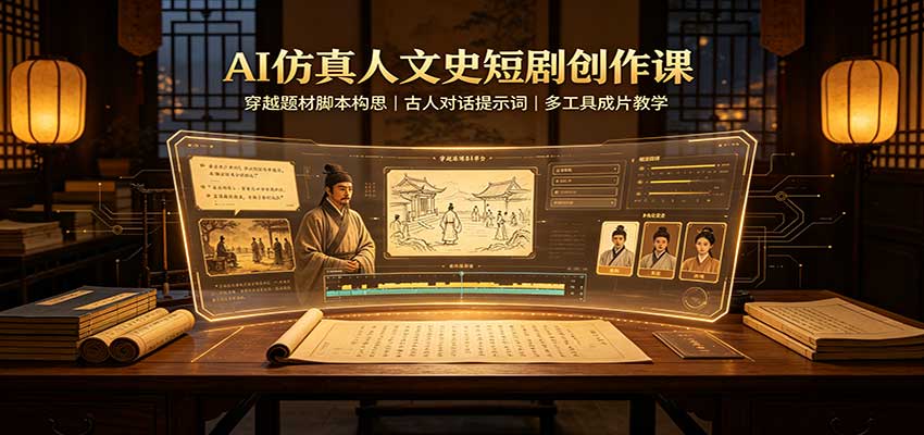 AI仿真人文史短剧创作课：穿越题材脚本构思，古人对话提示词，多工具成片教学-御文网