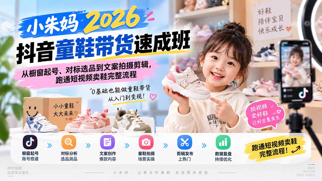 小朱妈2026抖音童鞋带货速成班:从橱窗起号、对标选品到文案拍摄剪辑,跑通短视频卖鞋完整流程-御文网