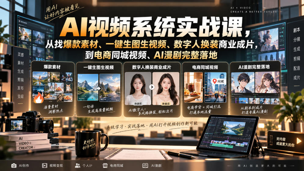 AI视频系统实战课，从找爆款素材、一键生图生视频、数字人换装商业成片，到电商同城视频、AI漫剧完整落地-御文网