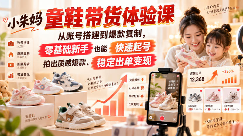 小朱妈童鞋带货体验课，从账号搭建到爆款复制，零基础新手也能快速起号、拍出质感爆款、稳定出单变现-御文网