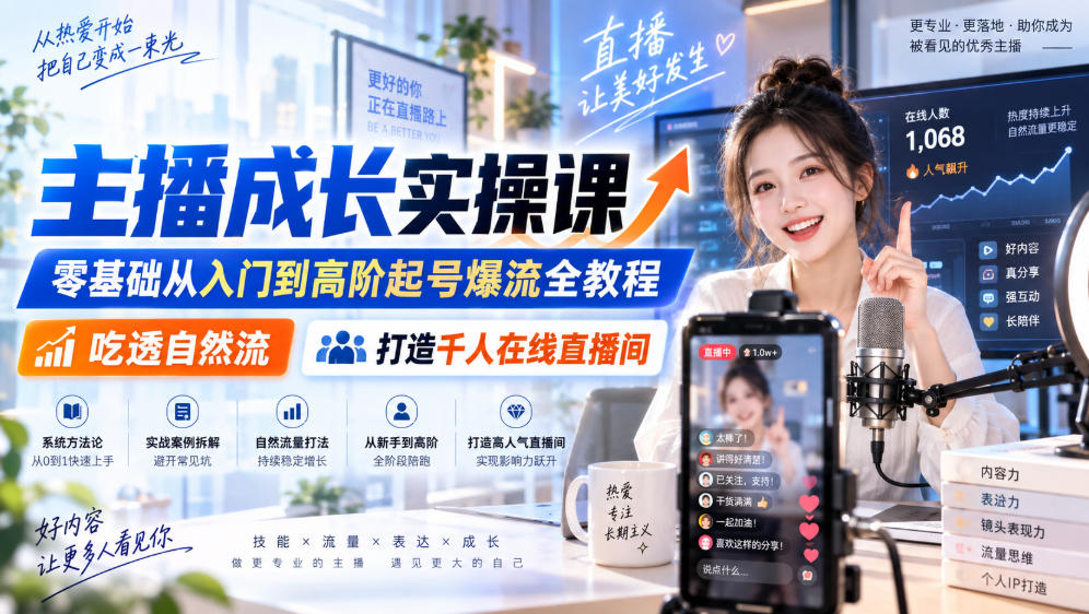 主播成长实操课｜零基础从入门到高阶起号爆流全教程，吃透自然流，打造千人在线直播间-御文网