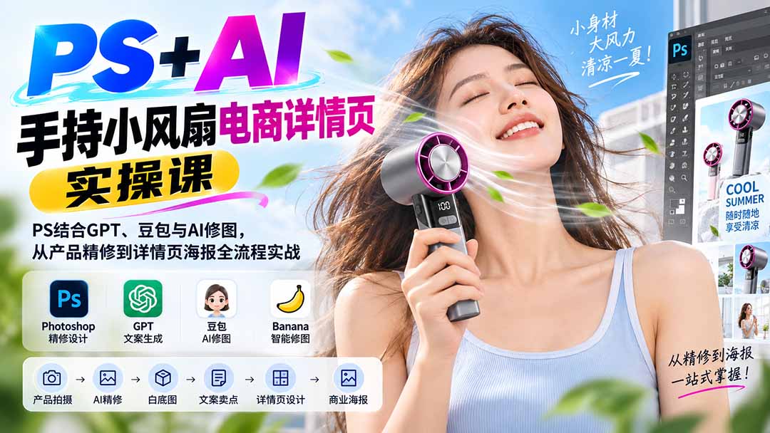 PS+AI手持小风扇电商详情页实操课:PS结合GPT、豆包与AI修图,从产品精修到详情页海报全流程实战-御文网