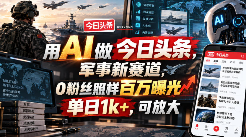 用AI做今日头条，军事新赛道，0粉丝照样百万曝光，单日1k+，可放大-御文网