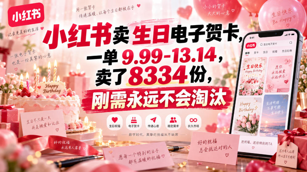 小红书卖生日电子贺卡，一单9.99-13.14，卖了8334份，刚需永远不会淘汰-御文网