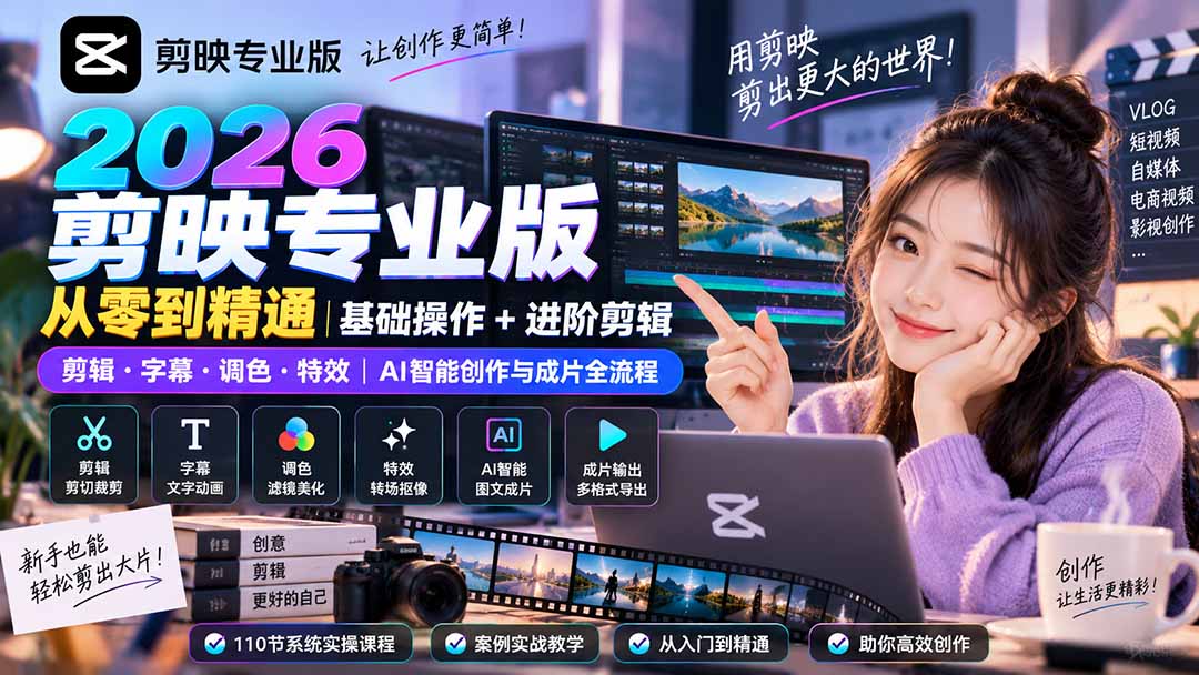2026剪映专业版从零到精通|基础操作+进阶剪辑|剪辑·字幕·调色·特效|AI智能创作与成片全流程-御文网