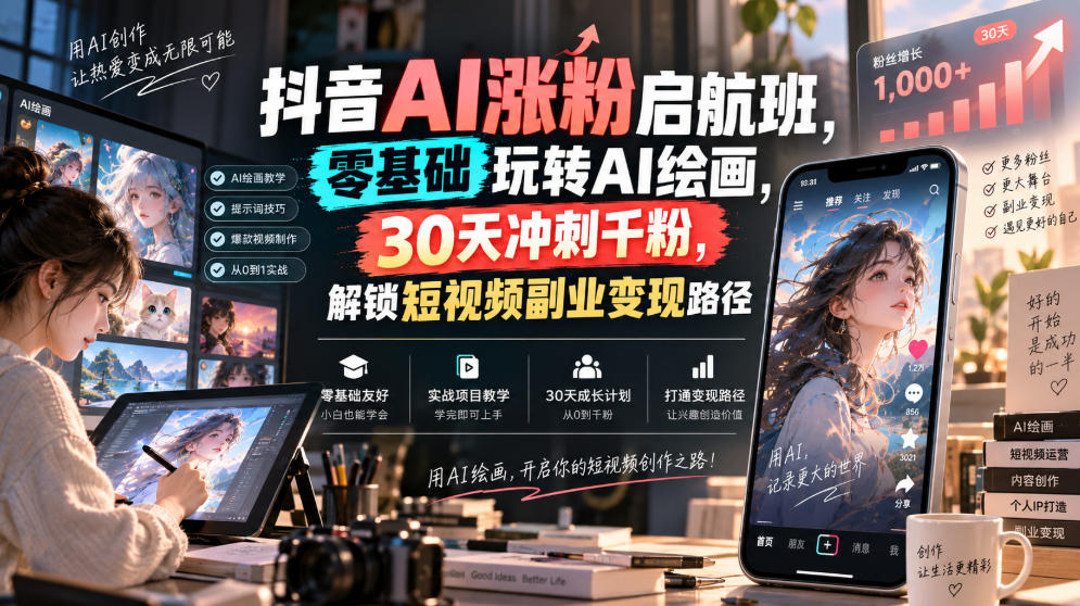 抖音AI涨粉启航班，零基础玩转AI绘画，30天冲刺千粉，解锁短视频副业变现路径-御文网