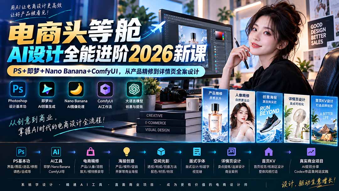 电商头等舱AI设计全能进阶2026新课:PS+即梦+Nano Banana+ComfyUI,从产品精修到详情页全案设计-御文网