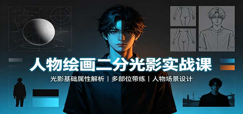 人物绘画二分光影实战课:光影基础属性解析,多部位带练,人物场景设计-御文网