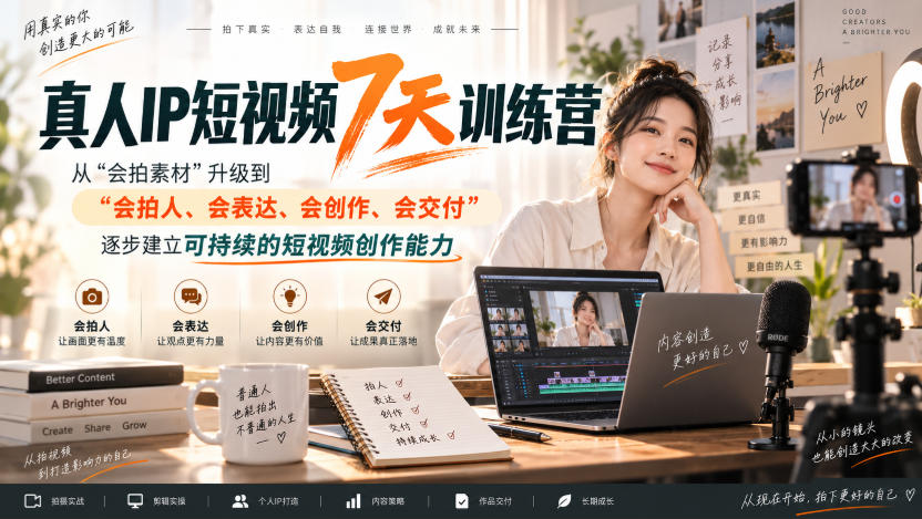 真人IP短视频7天训练营，从“会拍素材”升级到“会拍人、会表达、会创作、会交付”，逐步建立可持续的短视频创作能力-御文网