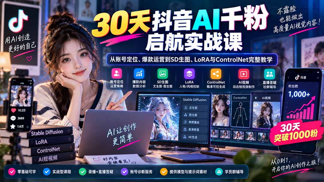 30天抖音AI千粉启航实战课:从账号定位、爆款运营到SD生图、LoRA与ControlNet完整教学-御文网