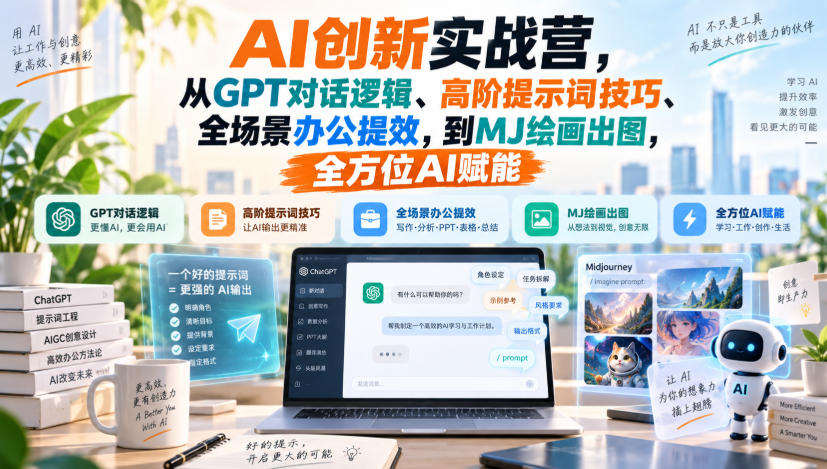 AI创新实战营，从GPT对话逻辑、高阶提示词技巧、全场景办公提效，到MJ绘画出图，全方位AI赋能-御文网