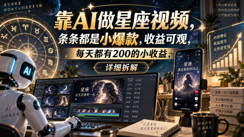 靠AI做星座视频，条条都是小爆款，收益可观，每天都有200的小收益，详细拆解-御文网
