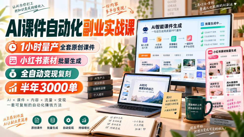 AI课件自动化副业实战课，1小时量产全套原创课件，小红书素材批量生成，全自动变现复刻，半年3000单-御文网