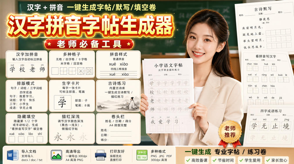 学习神器，汉字拼音字帖生成器，汉字+拼音 一键生成字帖/默写/填空卷，支持词组、成语，老师、家长必备-御文网
