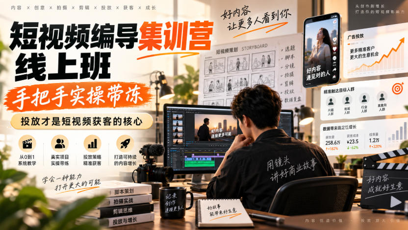 短视频编导集训营线上班，手把手实操带冻，投放才是短视频获客的核心-御文网