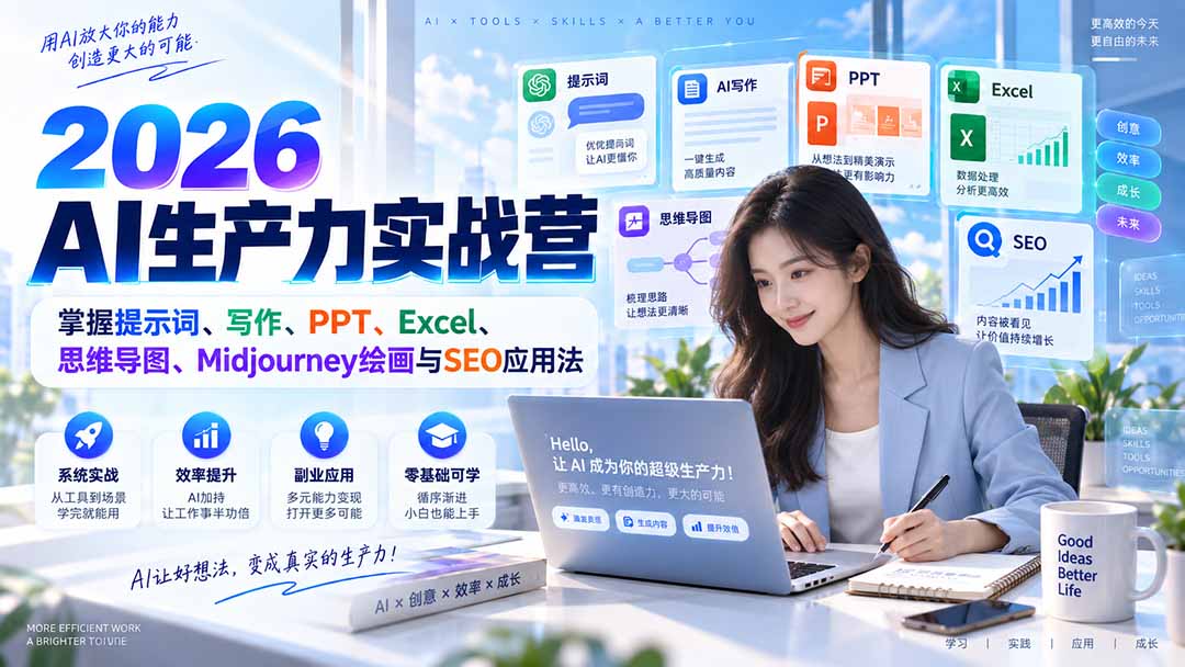 2026AI生产力实战营：掌握提示词、写作、PPT、Excel、思维导图、Midjourney绘画与SEO应用法-御文网