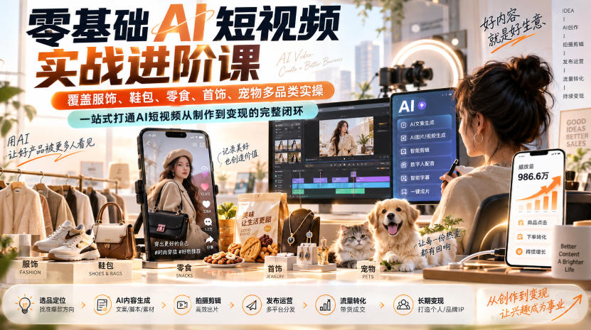 零基础AI短视频实战进阶课，覆盖服饰、鞋包、零食、首饰、宠物多品类实操，一站式打通AI短视频从制作到变现的完整闭环-御文网