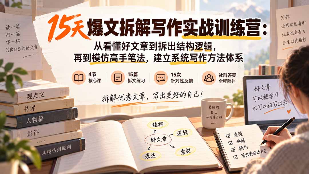15天爆文拆解写作实战训练营:从看懂好文章到拆出结构逻辑,再到模仿高手笔法,建立系统写作方法体系-御文网