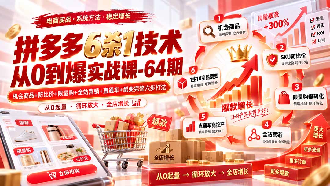 拼多多6杀1技术从0到爆实战课-64期:机会商品+防比价+限量购+全站营销+直通车+裂变完整六步打法-御文网