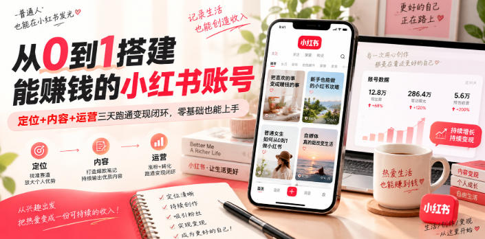 从0到1搭建能賺钱的小红书账号，定位+内容+运营三天跑通变现闭环-御文网
