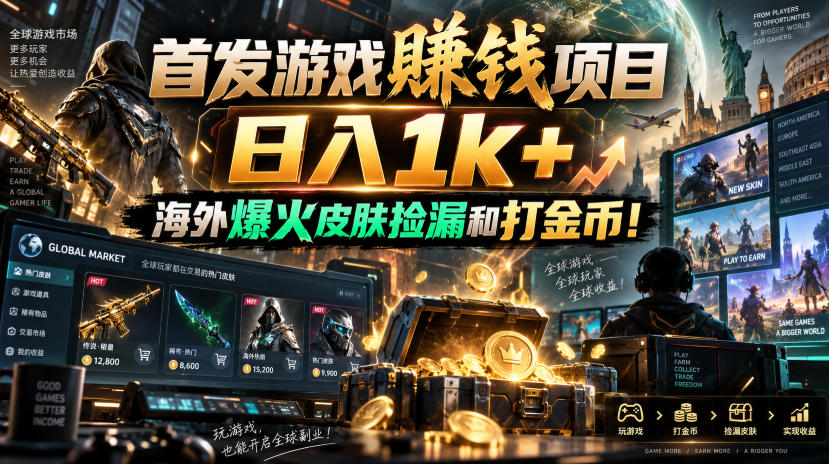 首发游戏賺钱项目，日入1k+，海外爆火皮肤捡漏和打金币！【揭秘】-御文网