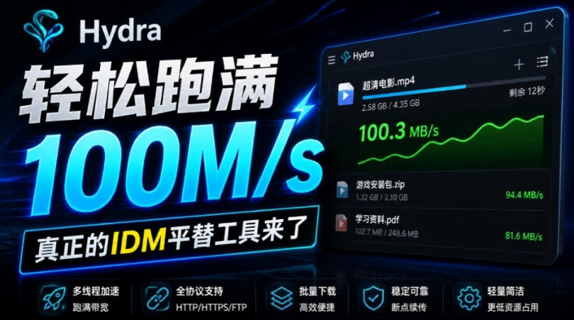 轻松跑满100M/s，真正的IDM平替工具来了，开源多线程器，支持浏览器拓展，一键智能加速Hydra Download Manager-御文网