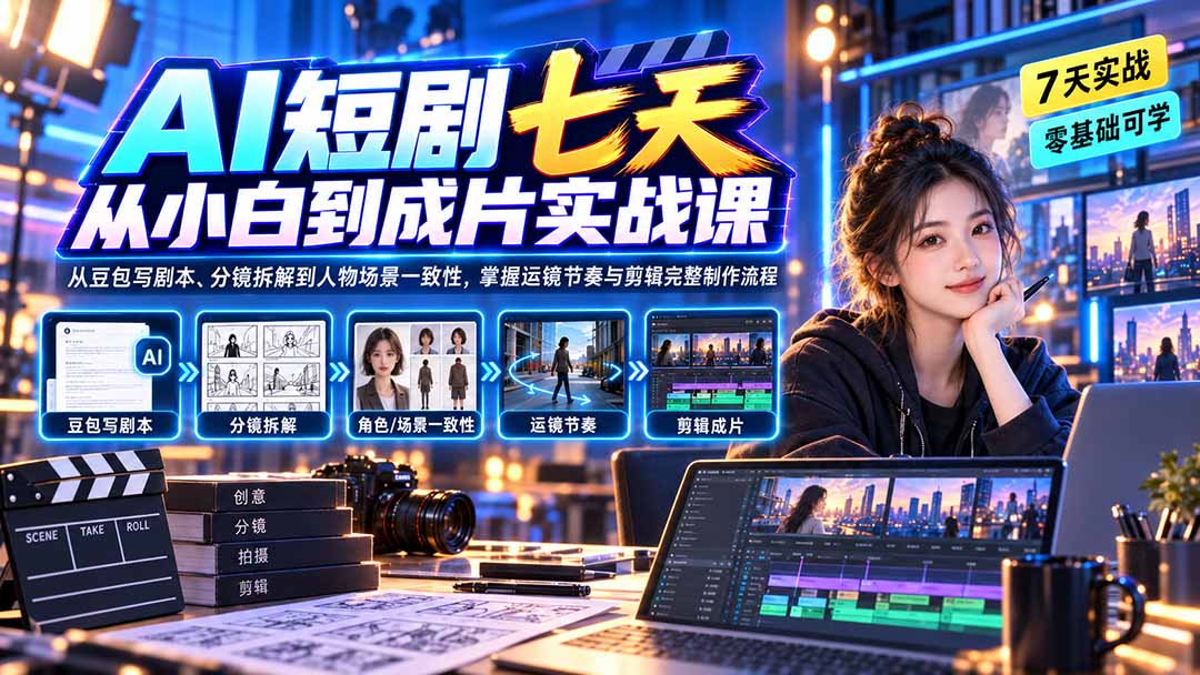 AI短剧七天从小白到成片实战课：从豆包写剧本、分镜拆解到人物场景一致性，掌握运镜节奏与剪辑完整制作流程-御文网