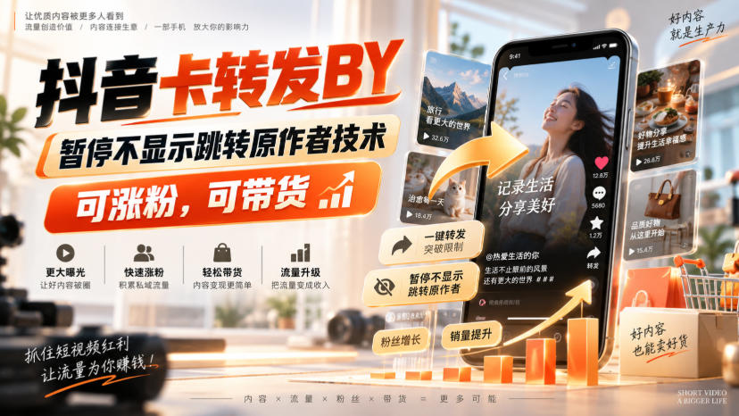 抖音卡转发搬运,暂停不显示跳转原作者技术,可涨粉,可带货-御文网